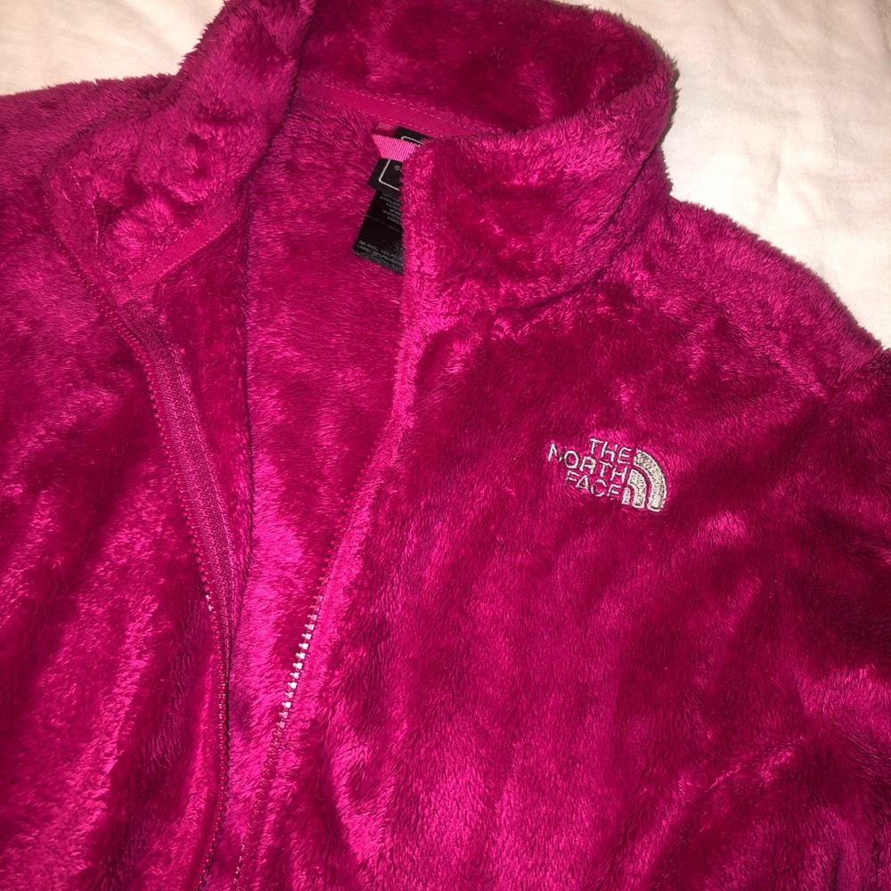 pink fuzzy north face jacket
